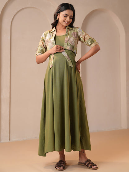 Women's Green Cotton Maternity Dress