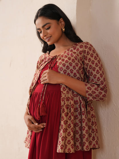 Women's Maroon Maternity Dress with Jacket