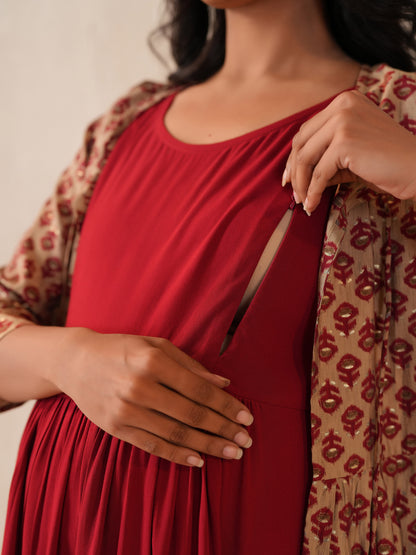Women's Maroon Maternity Dress with Jacket
