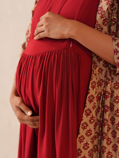 Women's Maroon Maternity Dress with Jacket