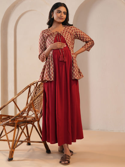 Women's Maroon Maternity Dress with Jacket
