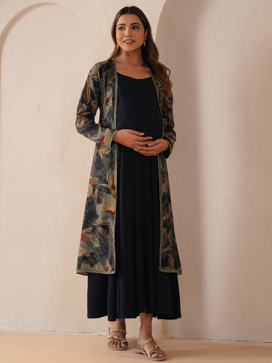 Women's Black Maternity Dress with Cape Jacket