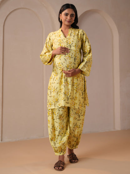 Women's Floral Yellow Feeding Maternity Kurta Sets