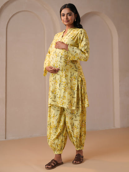 Women's Floral Yellow Feeding Maternity Kurta Sets