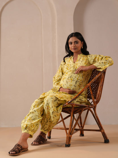 Women's Floral Yellow Feeding Maternity Kurta Sets