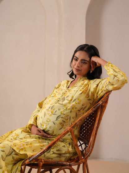 Women's Floral Yellow Feeding Maternity Kurta Sets