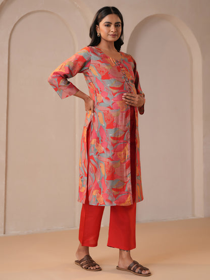 Women's Red Silk Maternity Kurta Sets