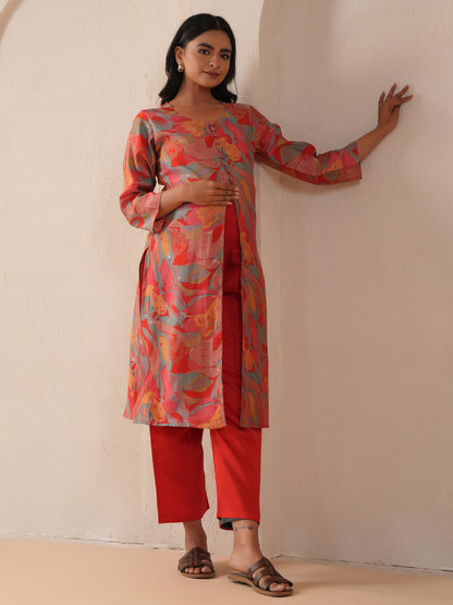 Women's Red Silk Maternity Kurta Sets