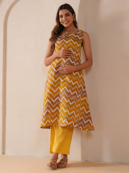Women's Yellow Pattern Maternity Kurta Sets