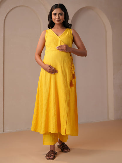 Women's Bright Yellow Cotton Feeding Maternity Kurta Sets