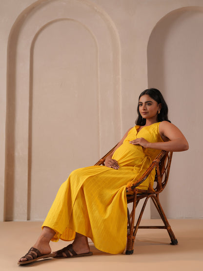 Women's Bright Yellow Cotton Feeding Maternity Kurta Sets