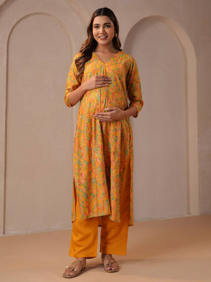 Women's Premium Yellow Silk Feeding Maternity Kurta Pajama Sets