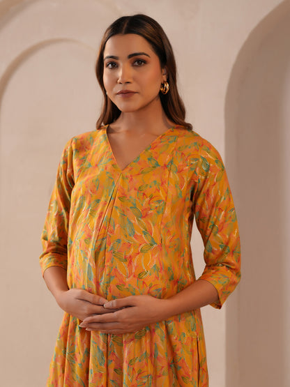 Women's Premium Yellow Silk Feeding Maternity Kurta Pajama Sets