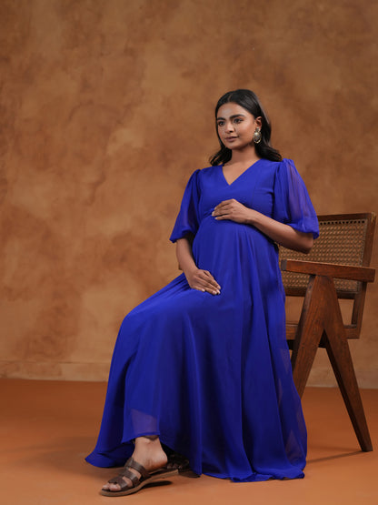 Women's Georgette Blue Maternity Dress