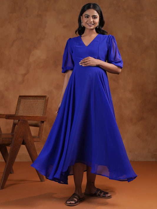 Women's Georgette Blue Maternity Dress