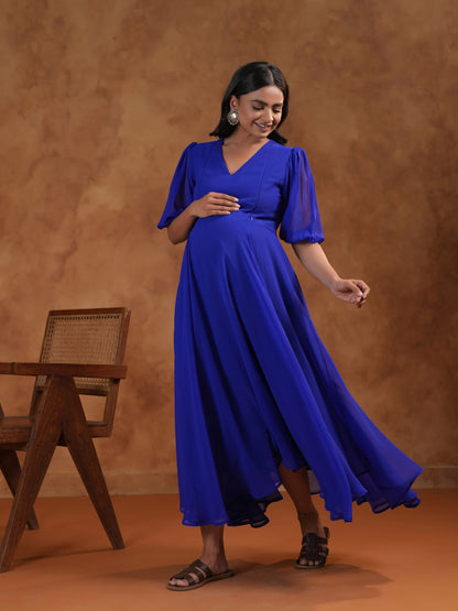 Women's Georgette Blue Maternity Dress