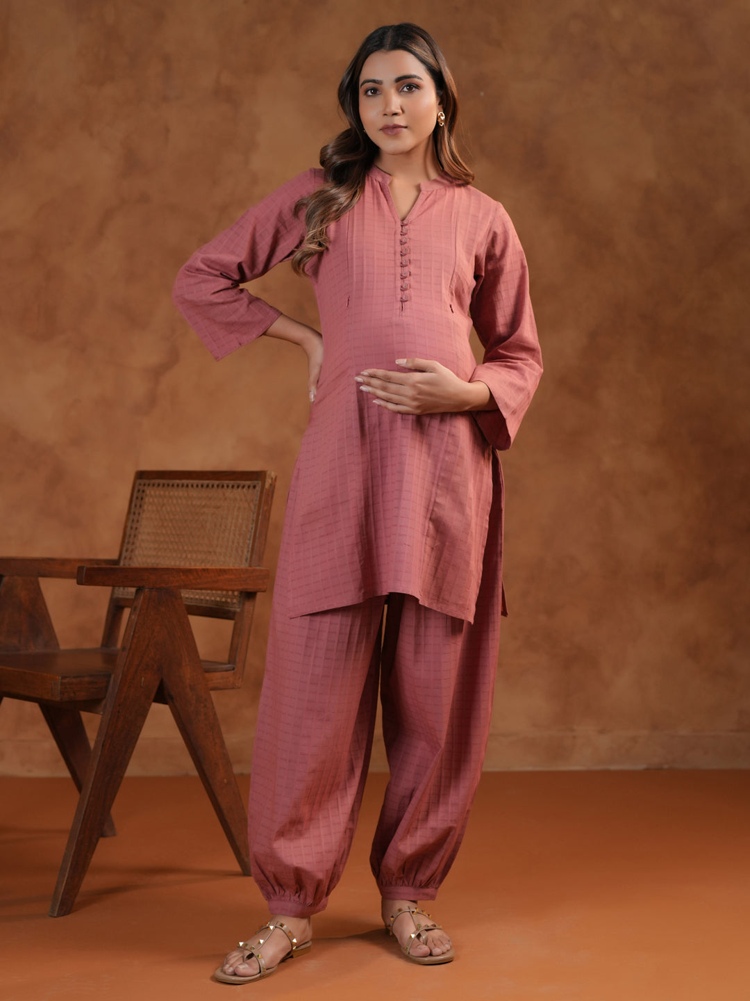 Women's Pink Feeding Maternity Cotton Kurta Sets