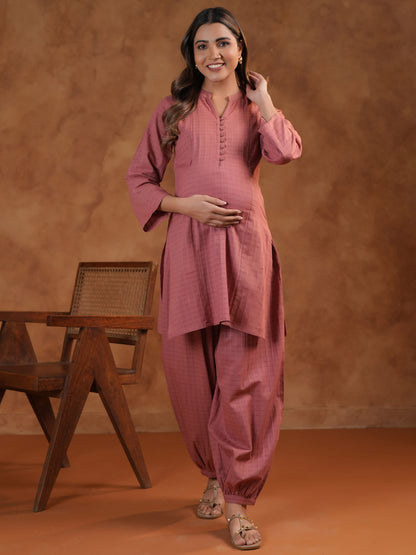 Women's Pink Feeding Maternity Cotton Kurta Sets