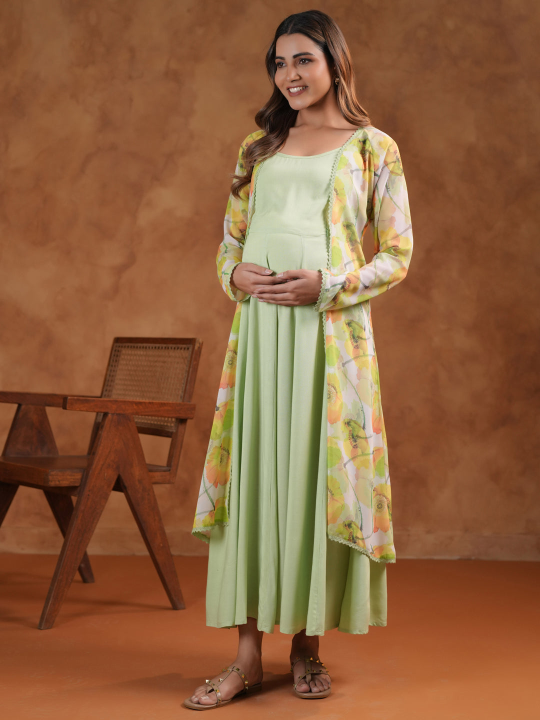 Buy Women's Green Maternity Dress with Cape Jacket Online in India | Anayna Buy Women's Green Maternity Dress with Cape Jacket Online in India | Anayna