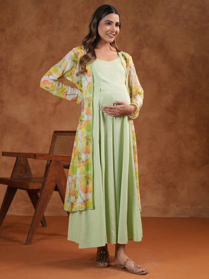 Women's Green Maternity Dress with Cape Jacket