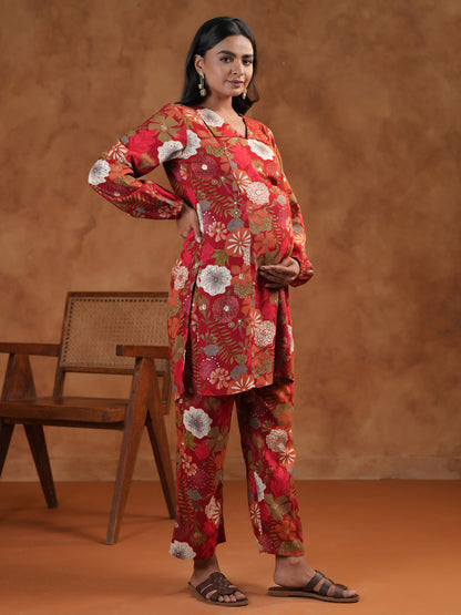 Women's Floral Red Maternity Kurta Sets