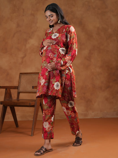 Women's Floral Red Maternity Kurta Sets