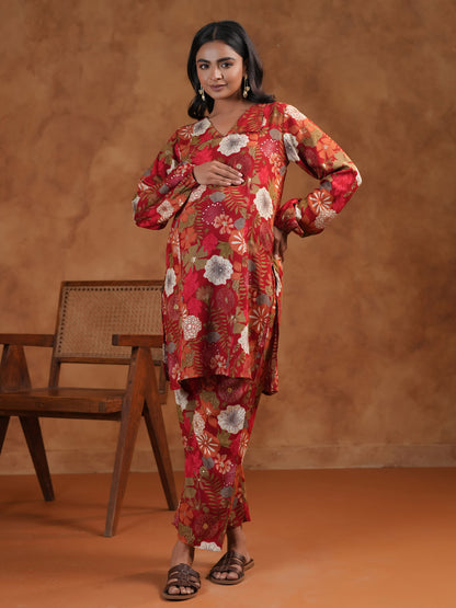 Women's Floral Red Maternity Kurta Sets