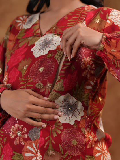 Women's Floral Red Maternity Kurta Sets