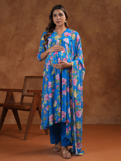 Women's Floral Blue Maternity Kurta Sets