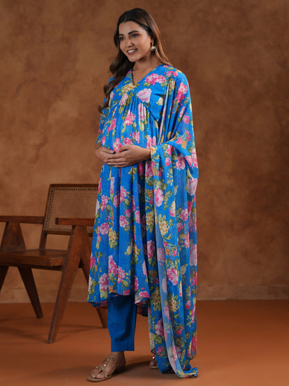 Women's Floral Blue Maternity Kurta Sets