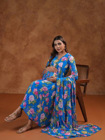 Women's Floral Blue Maternity Kurta Sets