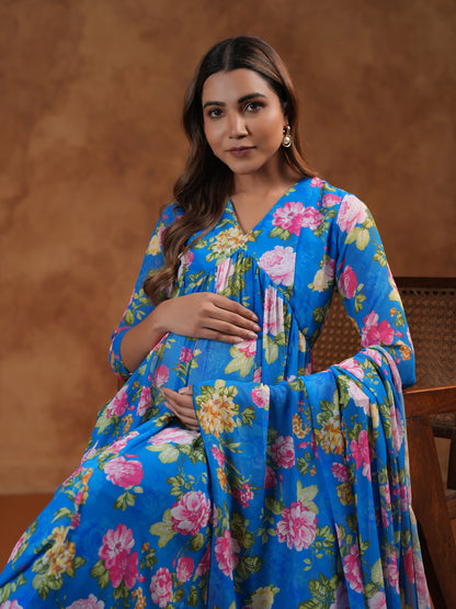 Women's Floral Blue Maternity Kurta Sets