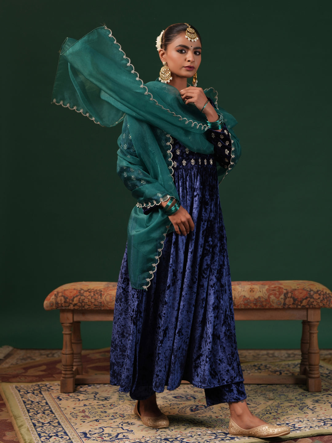 Women's Blue Embroiderd Velvet Kurta Set with Dupatta