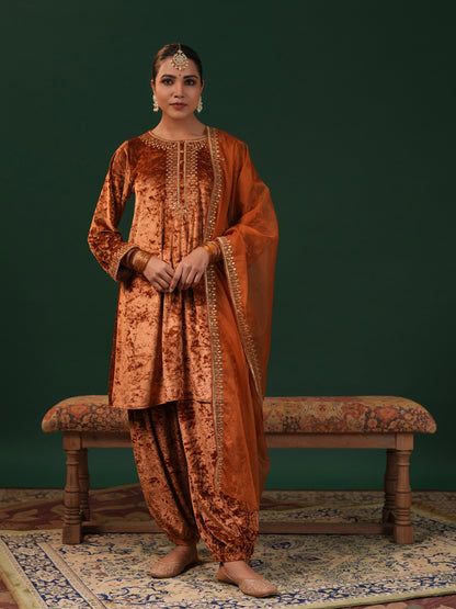 Women's Copper Embroiderd Velvet Kurta Set with Dupatta