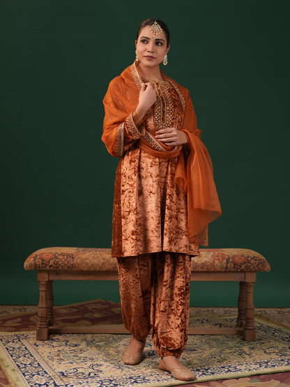 Women's Copper Embroiderd Velvet Kurta Set with Dupatta