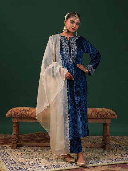 Women's Velvet Blue Embroiderd Kurta Set with Dupatta