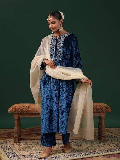 Women's Velvet Blue Embroiderd Kurta Set with Dupatta