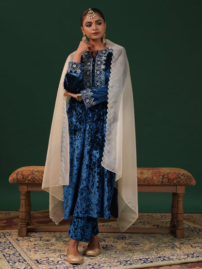 Women's Velvet Blue Embroiderd Kurta Set with Dupatta