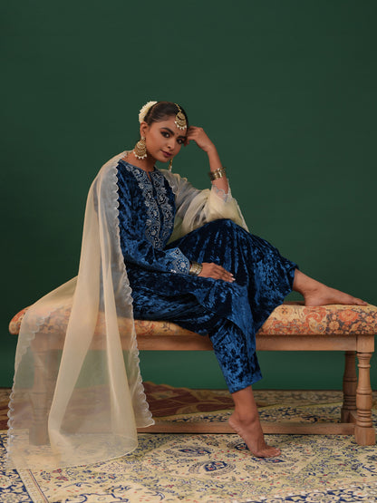 Women's Velvet Blue Embroiderd Kurta Set with Dupatta
