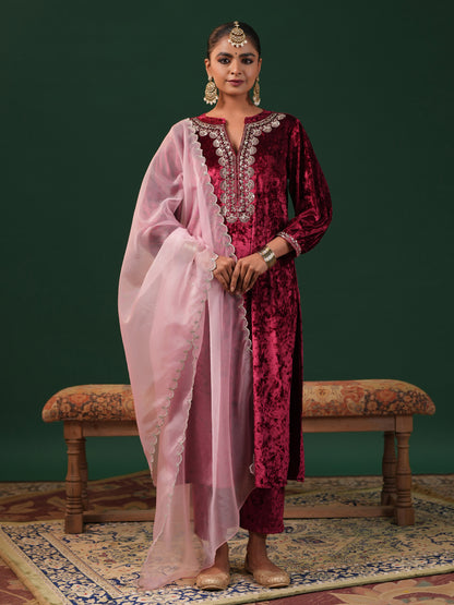 Women's Red Embroiderd Velvet Kurta Set with Dupatta