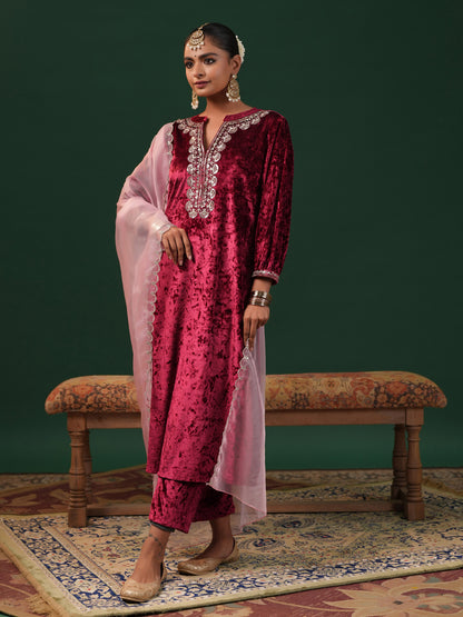 Women's Red Embroiderd Velvet Kurta Set with Dupatta