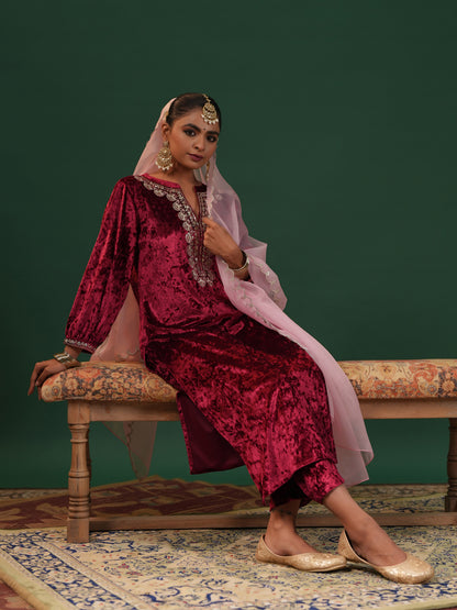 Women's Red Embroiderd Velvet Kurta Set with Dupatta