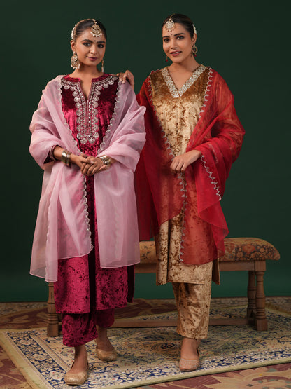 Women's Gold Embroiderd Velvet Kurta Set with Dupatta