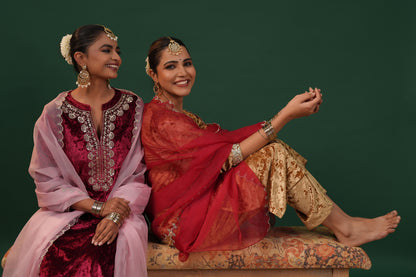 Women's Gold Embroiderd Velvet Kurta Set with Dupatta