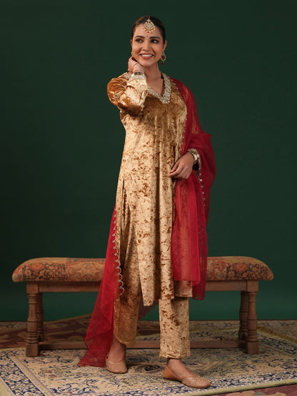 Women's Gold Embroiderd Velvet Kurta Set with Dupatta