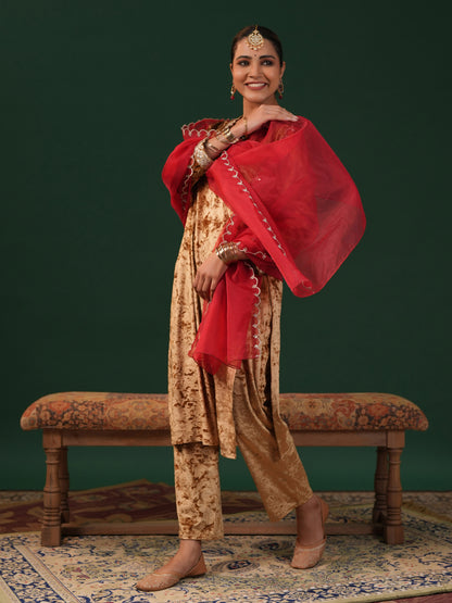 Women's Gold Embroiderd Velvet Kurta Set with Dupatta