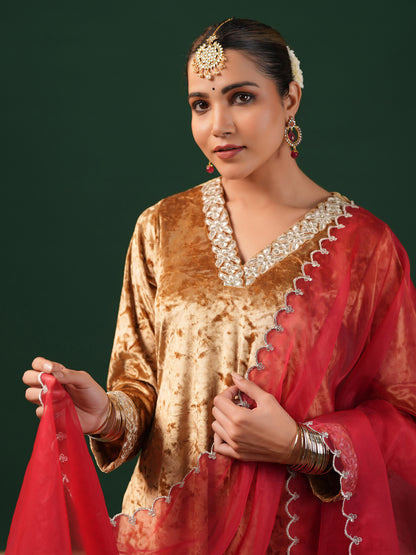 Women's Gold Embroiderd Velvet Kurta Set with Dupatta