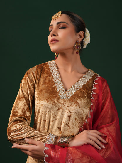 Women's Gold Embroiderd Velvet Kurta Set with Dupatta
