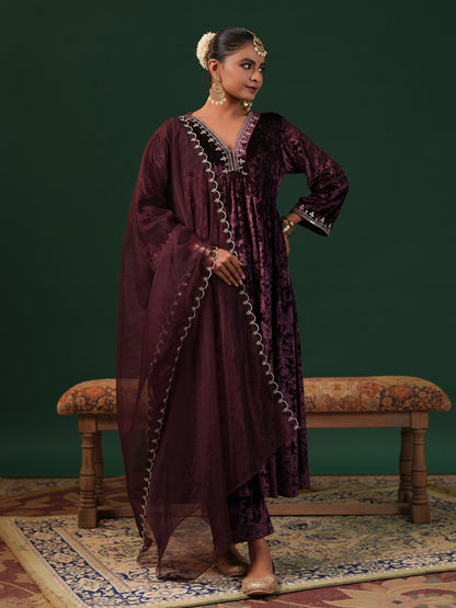 Women's Maroon Embroiderd Velvet Kurta Set with Dupatta