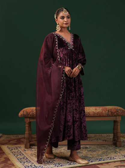 Women's Maroon Embroiderd Velvet Kurta Set with Dupatta